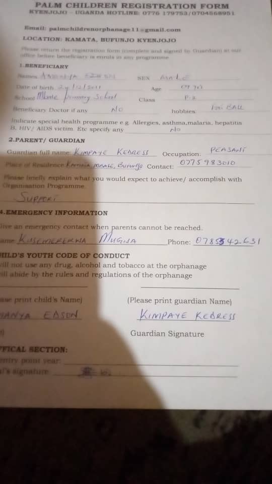 ugandan orphanage registration form